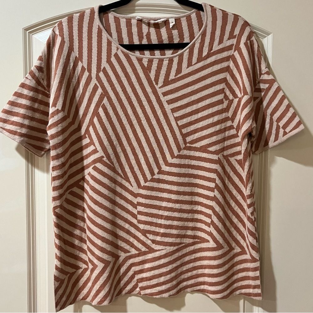 SOFT SURROUNDINGS Short Sleeve Sweater Tan Brown Stripe Women’s Size Medium